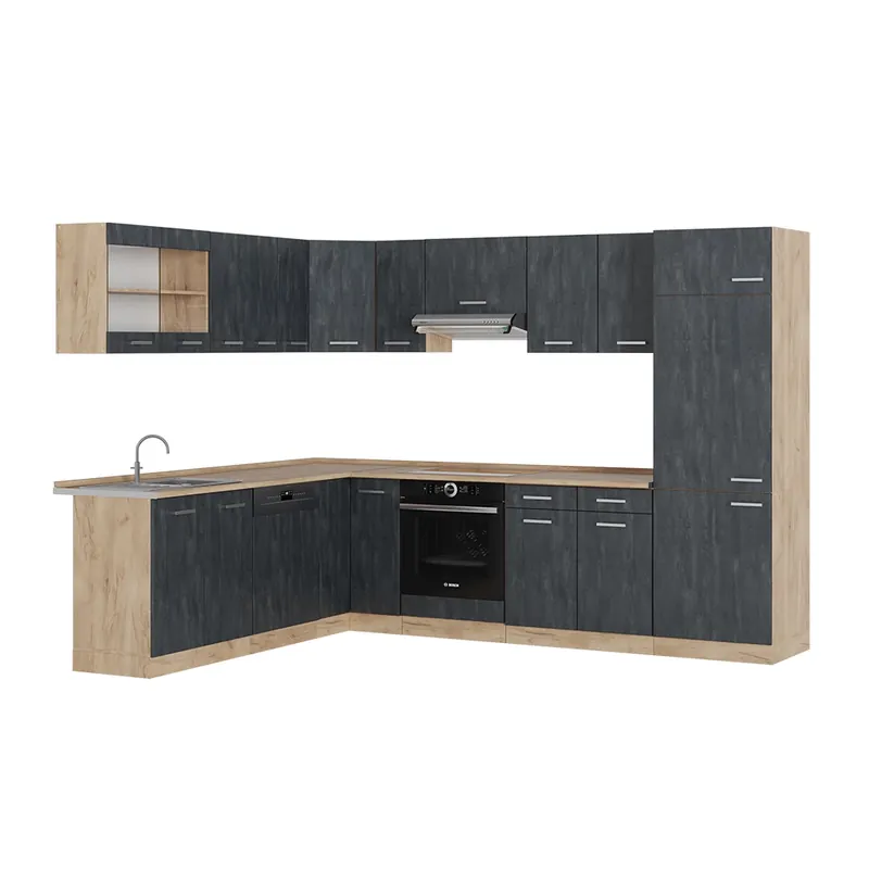 Rohová kuchyň R-Line Černý beton/Zlatý mocný dub 287 x 227 cm PD Dub Vicco Výprodej