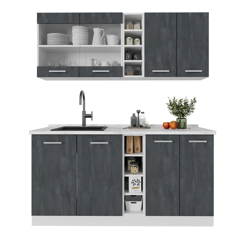Finální Výprodej Jednotková kuchyně R-Line Černý beton/bílá 160 cm PD Mramor Vicco