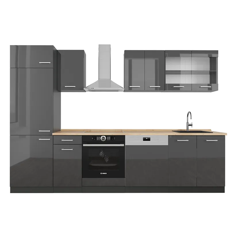 Víkendová Akce Kuchyňský kout R-Line Antracit vysoký lesk/antracit 300 cm , PD Dub Vicco