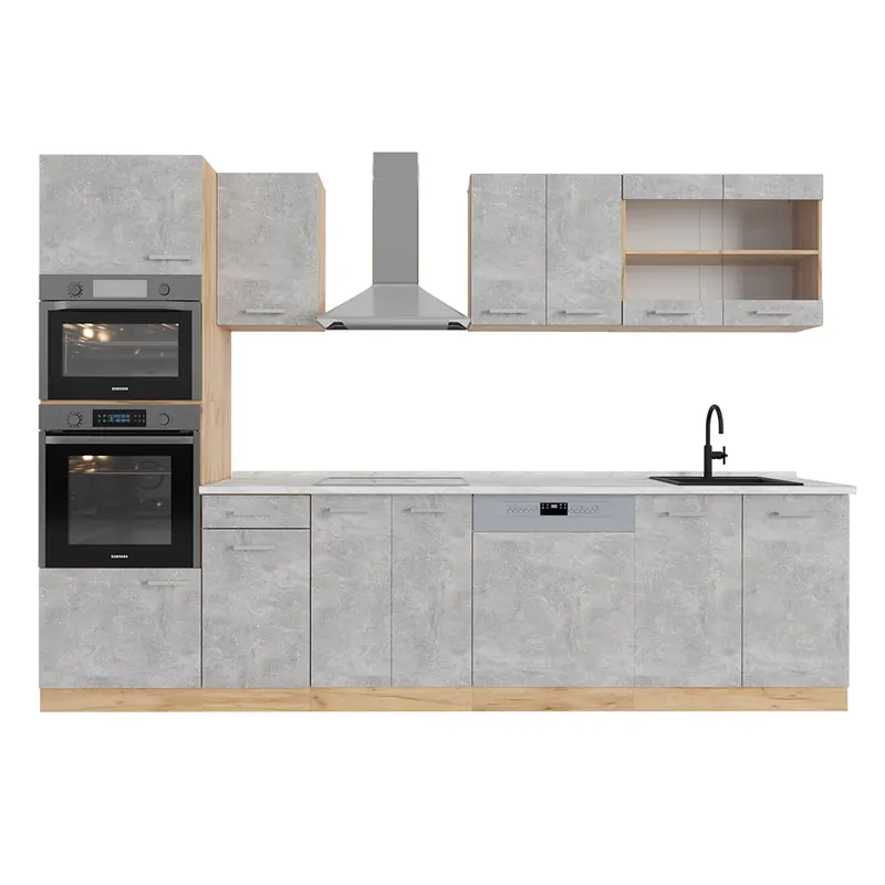 Koupit Online Kuchyňský kout R-Line Beton/zlatý dub 300 cm s vysokou skříní, PD Mramor Vicco