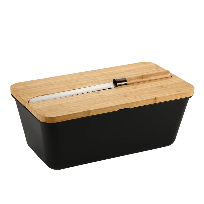 Ihned K Objednání KESPER Chlebník s nožem a prkénkem plast, bambus, černý 35 x 20 x 16cm