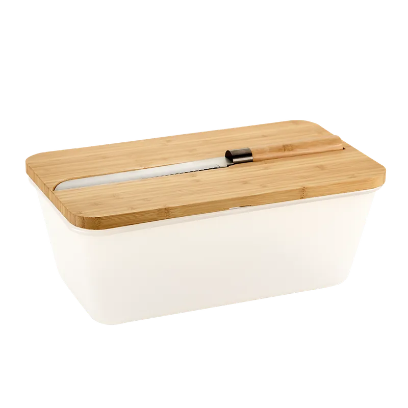Značkový KESPER Chlebník s nožem a prkénkem plast, bambus, bílý 35 x 20 x 16cm