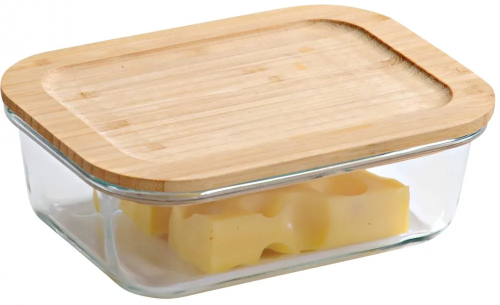 KESPER Skleněná obdélníková dóza na potraviny s bambusovým víkem, 19,6 x 14,5 x 6,1 cm Nízká Cena