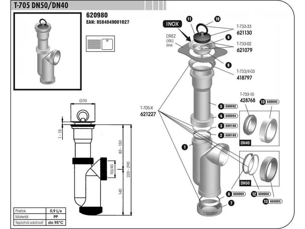 Ověřený Sifon dřezový chrom T-705 DN50/40 s přepadem