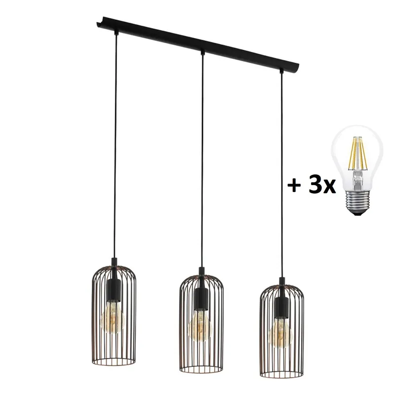 Pouze Dnes Eglo 49645 ROCCAMENA - Závěsný tříramenný retro lustr + Dárek 3x LED retro žárovka