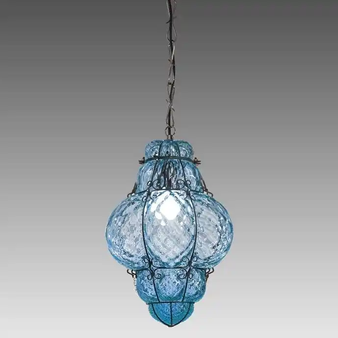 SIRU - Lustr na řetězu CLASSIC 1xE27/60W/230V pr. 30 cm modrá/černá benátské sklo Rychlé Dodání