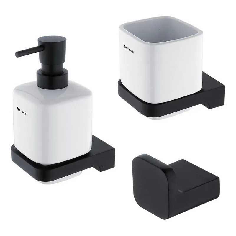 NIMCO MAC set-31K-T-90 - Nástěnný dávkovač mýdla, stojánek na zubní kartáčky a nástěnný háček MAYA 320 ml bílá/matná černá Nízká Cena