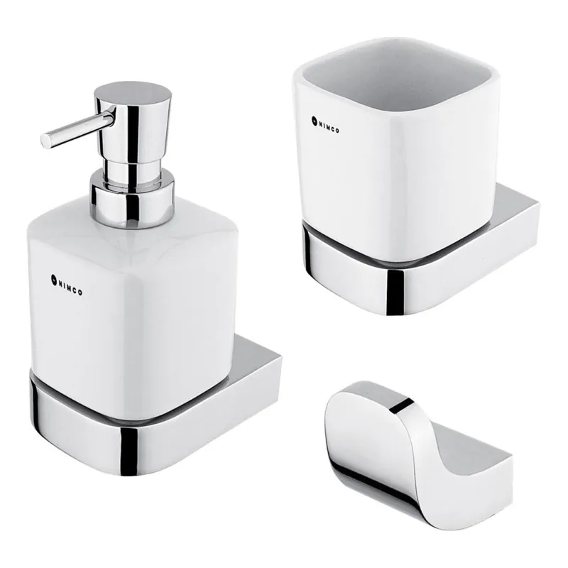 NIMCO NK set-31K-26 - Nástěnný dávkovač mýdla, stojánek na zubní kartáčky a nástěnný háček NIKAU 320 ml bílá/lesklý chrom Ověřený