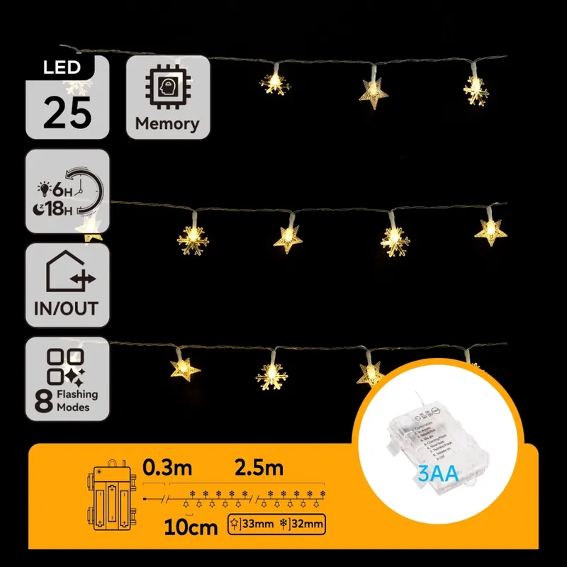 Levný Aigostar - LED Venkovní řetěz 25xLED/8 funkcí 3xAA 2,5m IP44 teplá bílá hvězdy
