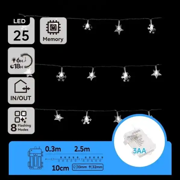 Must-Have Aigostar - LED Venkovní řetěz 25xLED/8 funkcí 3xAA 2,5 m IP44 studená bílá