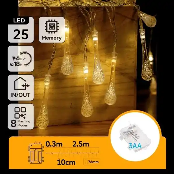 Aigostar - LED Venkovní řetěz 25xLED/8 funkcí 3xAA 2,5 m IP44 teplá bílá kapky Výprodej