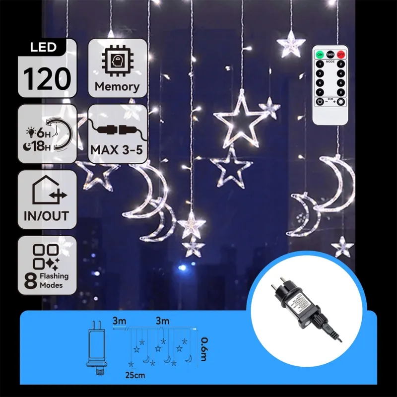 Aigostar - LED Venkovní řetěz 120xLED/6W/230V/8 funkcí 3x0,6m IP44 studena bílá + dálkové ovládání Akční Cena