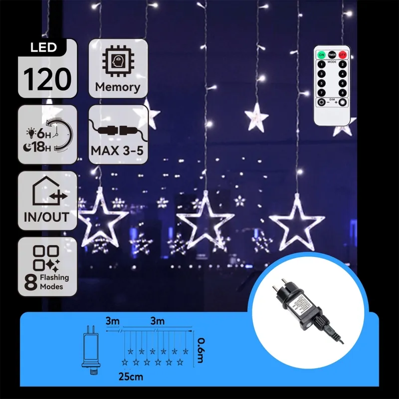 Aigostar - LED Venkovní řetěz 120xLED/8 funkcí 3x0,6 m IP44 studená bílá + dálkové ovládání Odeslání Ihned