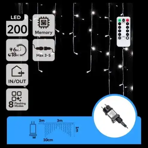 Jen Po Omezenou Doba Aigostar - LED Venkovní řetěz 200xLED/6W/230V/8 funkcí 3x1m IP44 studená bílá + dálkové ovládání