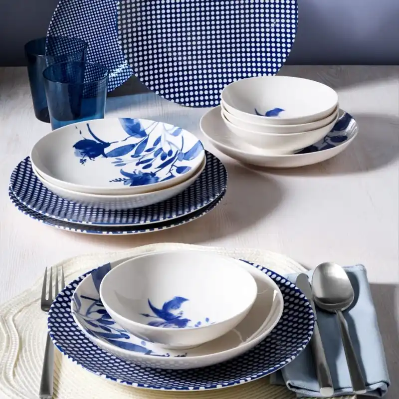 Bezpečná Platba Jídelní sada 14 ks bílá/modrá/porcelán
