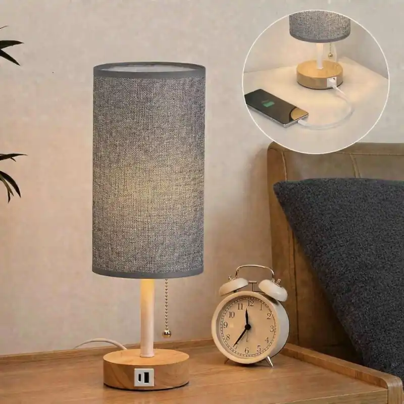 Poslední Šance Brilagi - Stolní lampa s USB portem TABLON 1xE27/25W/230V dub/bílá/šedá