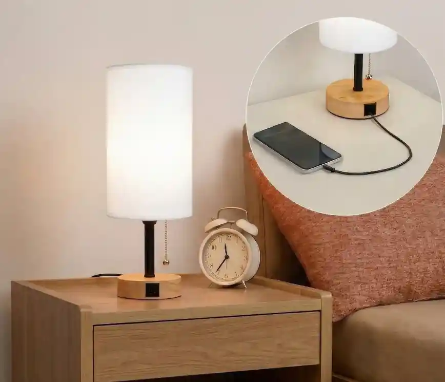 Top Prodej Brilagi - Stolní lampa s USB portem TABLON 1xE27/25W/230V dub/černá/bílá