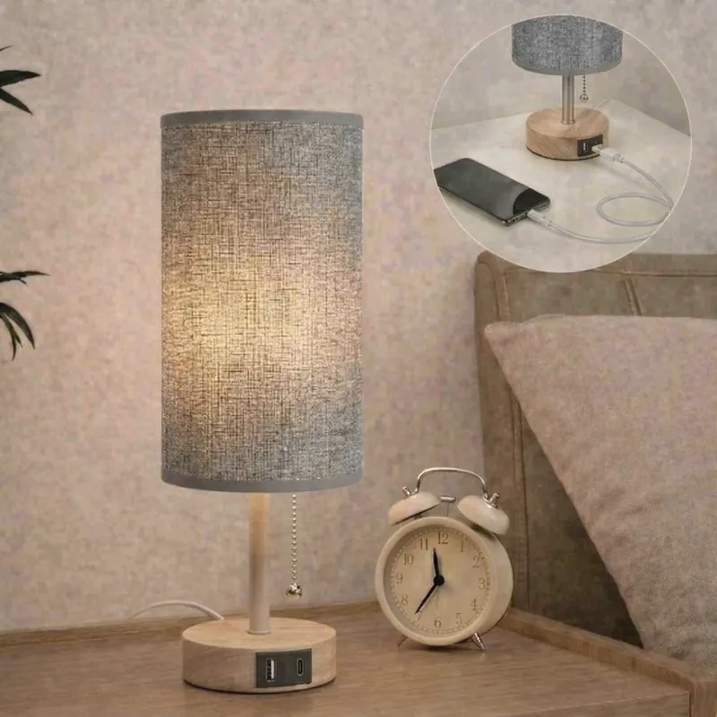 Brilagi - Stolní lampa s USB portem TABLON 1xE27/25W/230V dub/béžová/šedá Speciální Cena
