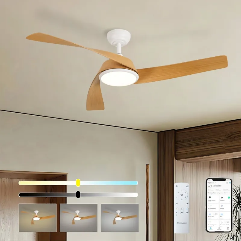 Autentický ZEVENTI - LED Stmívatelný stropní ventilátor AERYS LED/24W/230V 3000/4000/6000K Wi-Fi Tuya bílá/dub + dálkové ovládání