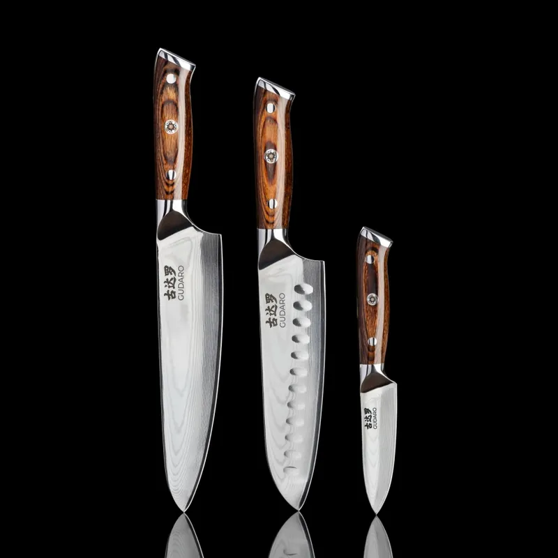 Značkový Gudaro - SADA 1x Damaškový šéfkuchařský nůž FENG 8", 67 vrstev oceli, délka 20 cm + 1x damaškový Santoku kuchyňský nůž FENG 7,5", 67 vrstev oceli, délka 18 cm + 1x ZDARMA damaškový kuchyňský nůž FENG 3,5", 67 vrstev oceli, délka 9,5 cm