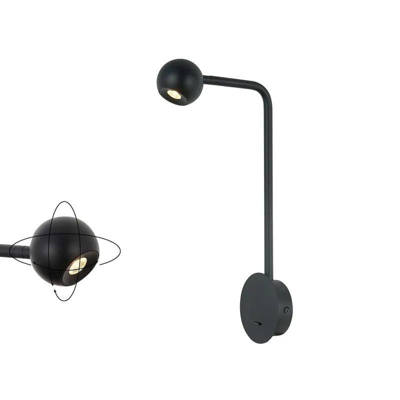 Mantra Eyes, černá nástěnná lampa k posteli s otočnou hlavou a vypínačem LED 6W 3000K, výška 40cm Oblíbený