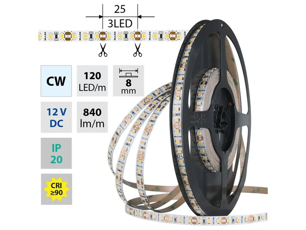 LED pásek SMD2835 CW, 120LED/m, 9,6W/m, DC 12V, 840lm/m, CRI90, IP20, 8mm, 5m Výprodej