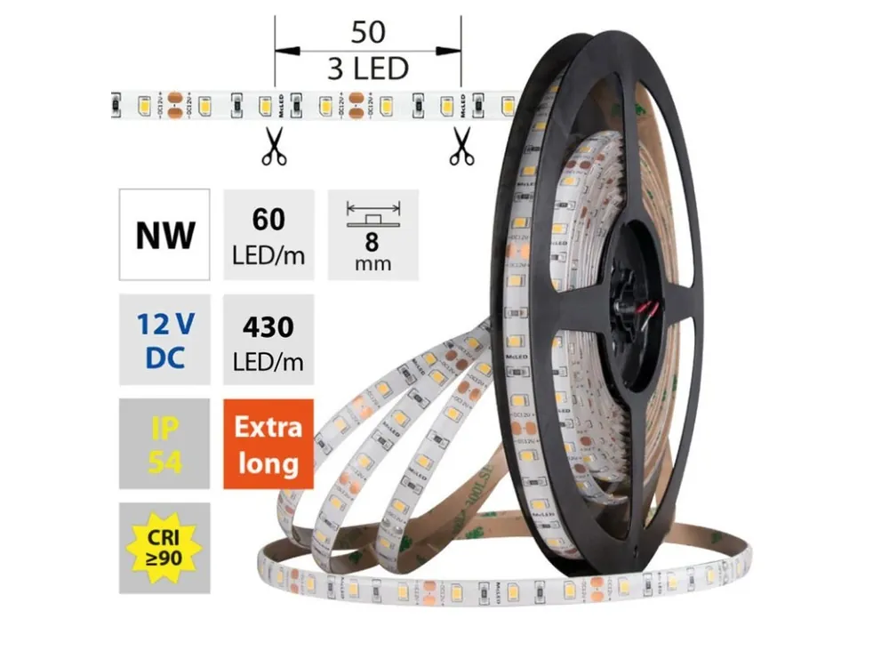 Tovární Cena LED pásek SMD2835 NW, 60LED/m, 4,8W/m, DC 12V, 390lm/m, CRI90, IP54, 8mm, 5m