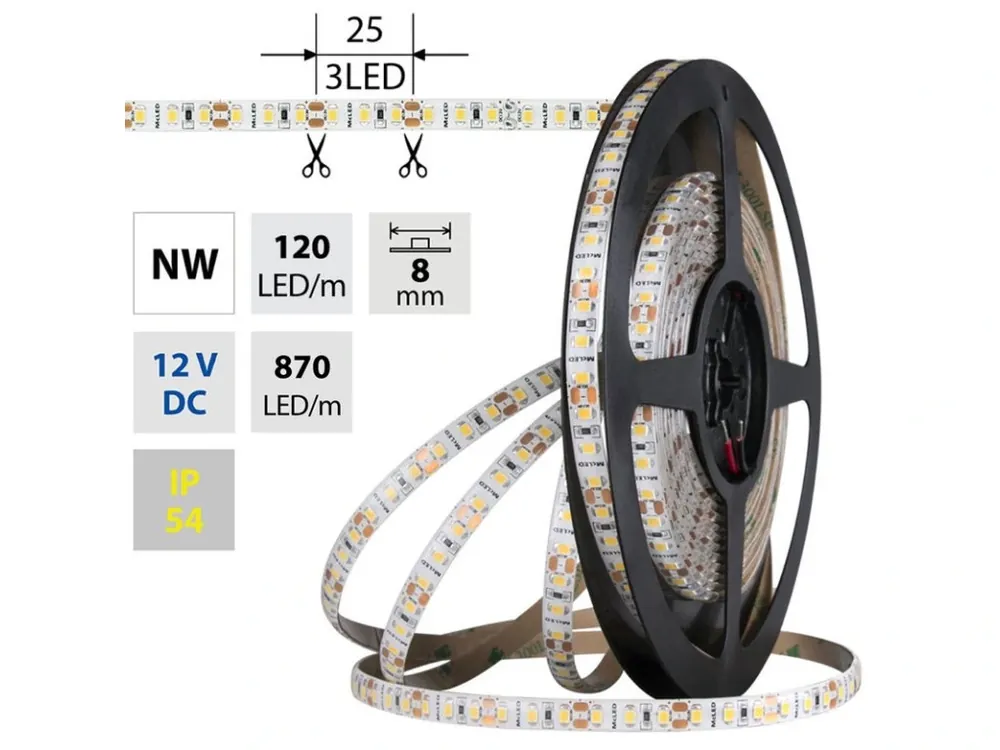 LED pásek SMD2835 NW, 120LED/m, 9,6W/m, DC 12V, 650lm/m, CRI90, IP54, 8mm, 5m Přímo Od Výrobce