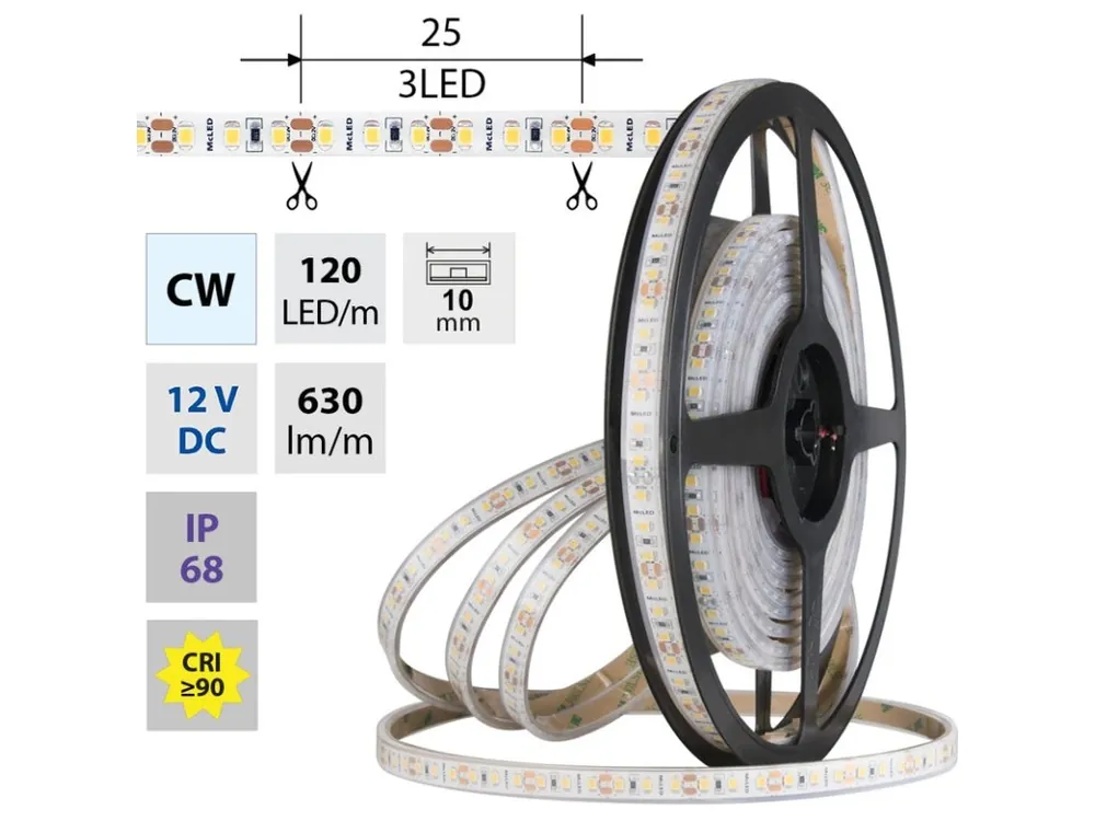 Zlevněný LED pásek SMD2835 CW, 120LED/m, 9,6W/m, DC 12V, 630lm/m, CRI90, IP68, 10mm, 5m