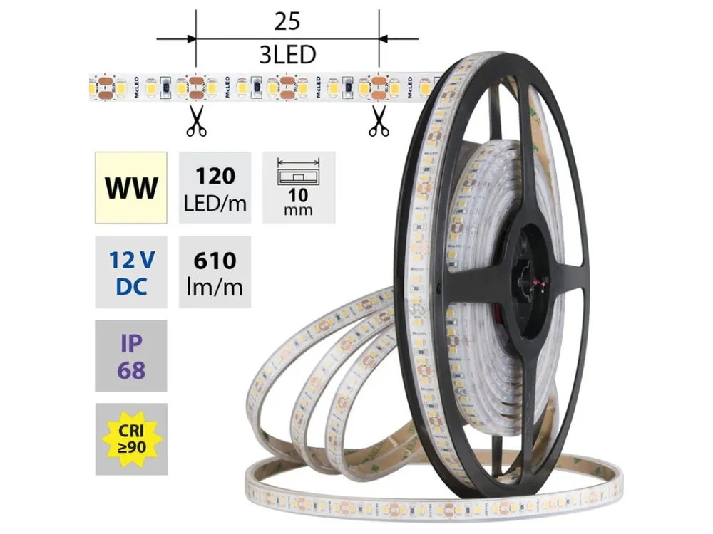 Cenová Bomba LED pásek SMD2835 WW, 120LED/m, 9,6W/m, DC 12V, 610lm/m, CRI90, IP68, 10mm, 5m