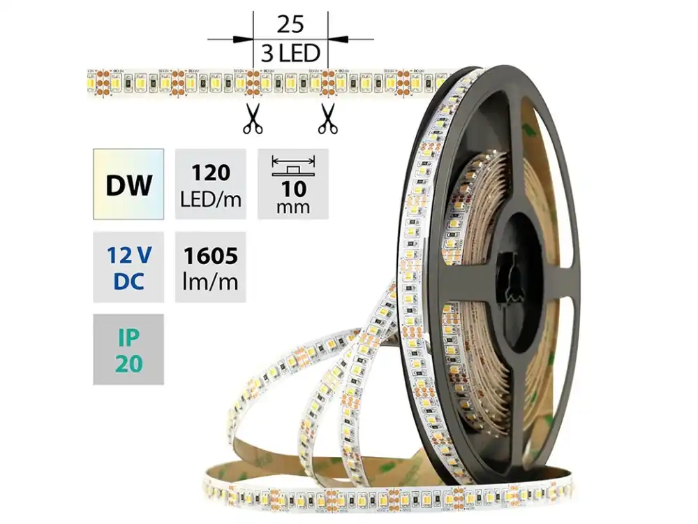 LED pásek SMD3527 dual white WW-CW, 120LED/m, 19,2W/m, 1605lm/m, IP20, DC 12V, 10mm, 5m Vrácení Zdarma