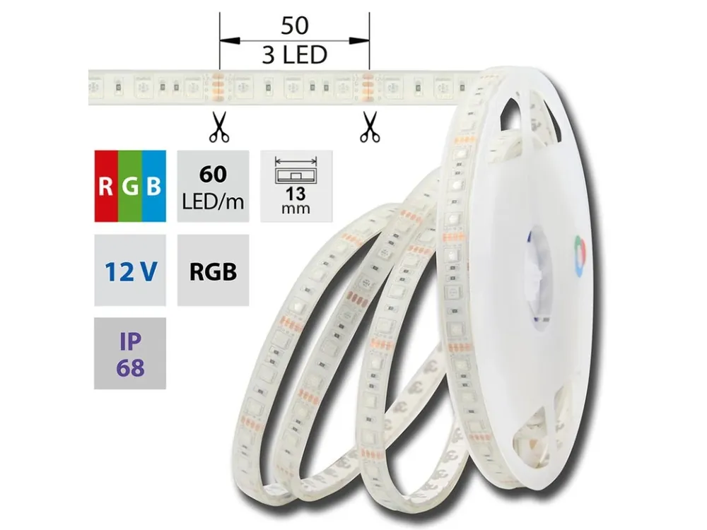Výprodej LED pásek SMD5050 RGB, 60LED/m, 14,4W/m, DC12V, 483lm/m, IP68, 13mm, 5m