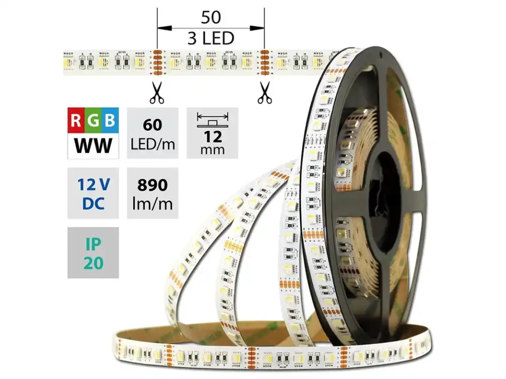 Nová Kolekce LED pásek SMD5050 RGB + WW, 60LED/m, 19,2W/m, DC 12V, 890lm/m, IP20, 12mm, 5m