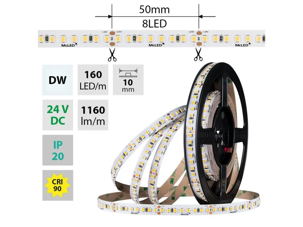 LED pásek SMD2835 DW, 160LED/m, 9W/m, DC 24V, 1160lm/m, CRI90, IP20, 10mm, 5m Originální