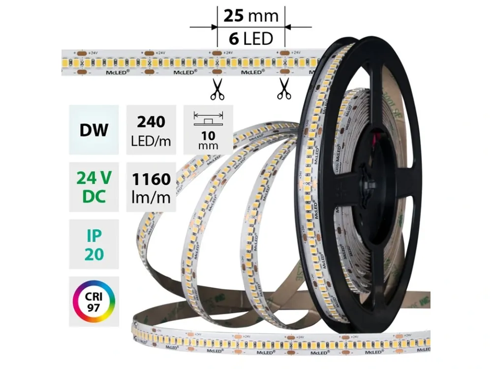 LED pásek SMD2835 DW, 240LED/m, 14,4W/m, DC 24V, 1160lm/m, CRI97, IP20, 10mm, 5m Horká Nabídka