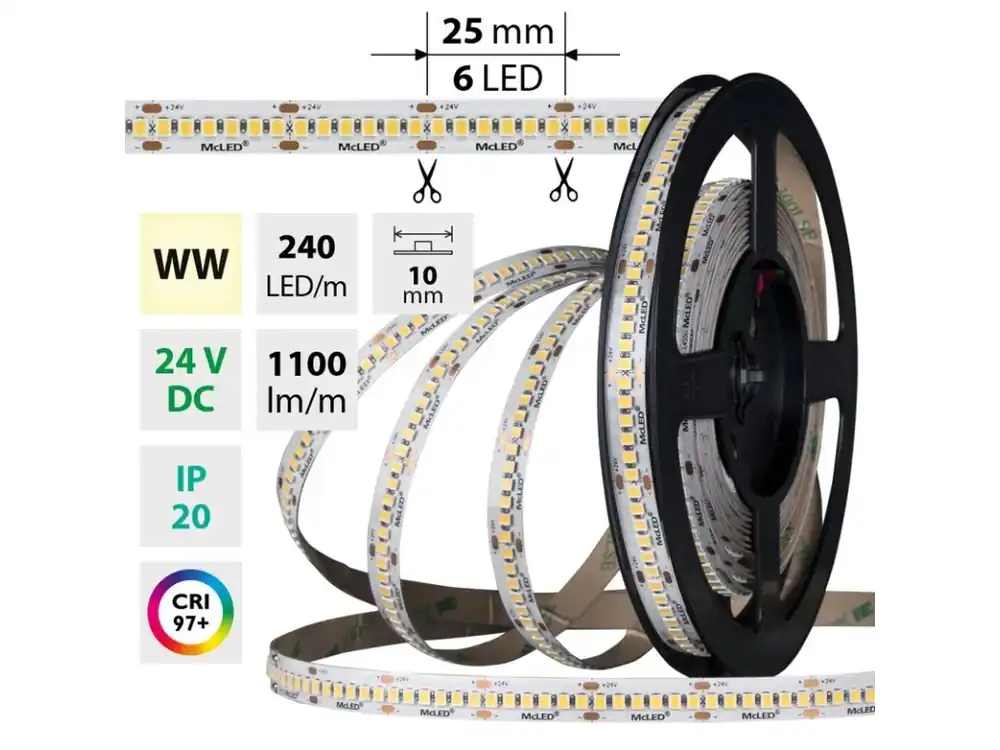 LED pásek SMD2835 WW, 240LED/m, 14,4W/m, DC 24V, 1100lm/m, CRI97, IP20, 10mm, 5m Sleva