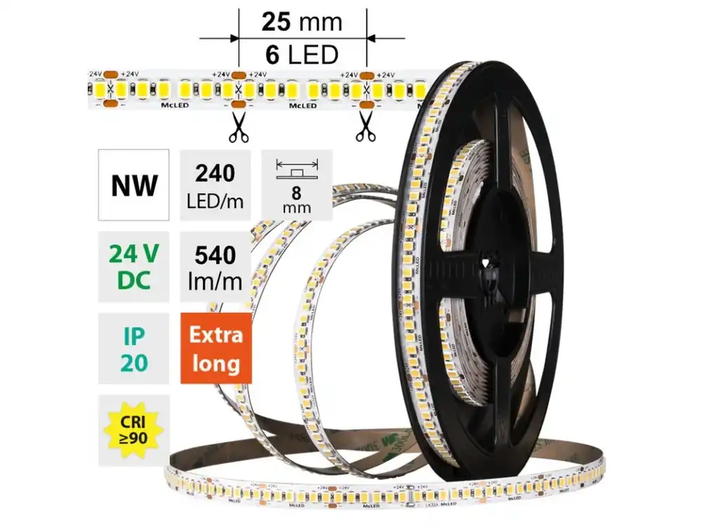 Must-Have LED pásek SMD2835 NW, 240LED/m, 6W/m, DC 24V, 540lm/m, CRI90, IP20, 8mm, 5m