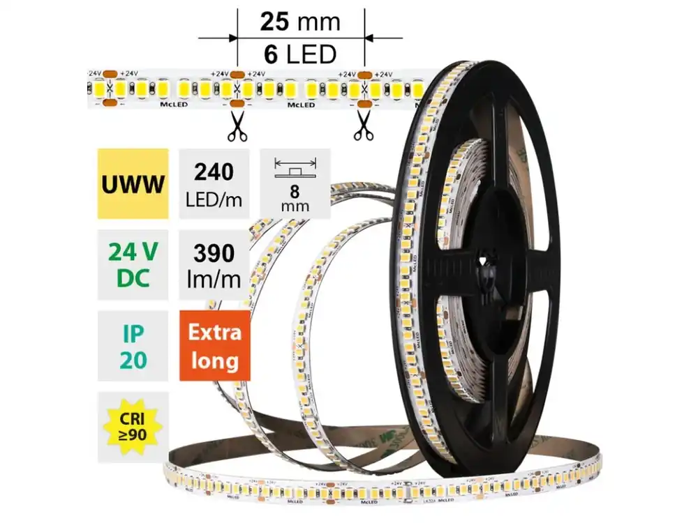 LED pásek SMD2835 UWW, 240LED/m, 6W/m, DC 24V, 390lm/m, CRI90, IP20, 8mm, 5m Akční Cena