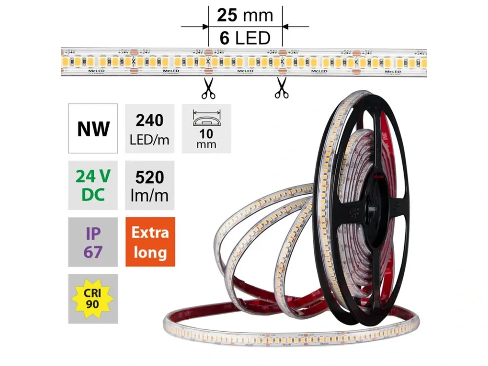 LED pásek SMD2835 NW, 240LED/m, 6W/m, DC 24V, 520lm/m, CRI90, IP67, 10mm, 5m Cenový Hit