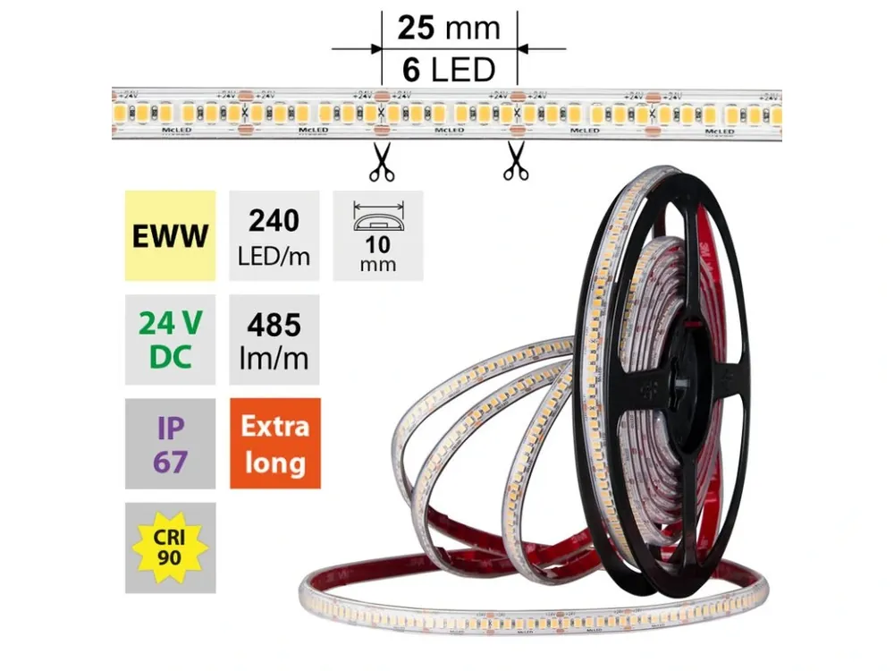 Cenová Bomba LED pásek SMD2835 EWW, 240LED/m, 6W/m, DC 24V, 485lm/m, CRI90, IP67, 10mm, 5m
