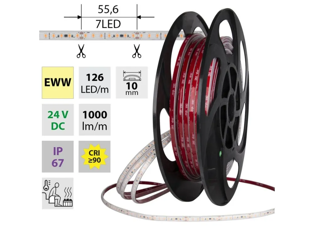 LED pásek SMD2835 EWW, 126LED/m, 9,6W/m, DC 24V, 1000lm/m, CRI90, IP67, 105°C, 10mm, 5m Objednat Nyní