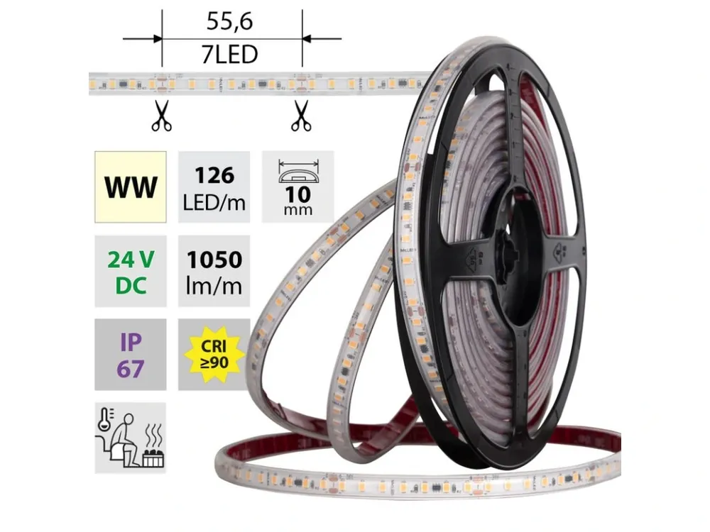 LED pásek SMD2835 WW, 126LED/m, 9,6W/m, DC 24V, 1050lm/m, CRI90, IP67, 105°C, 10mm, 5m Výprodej