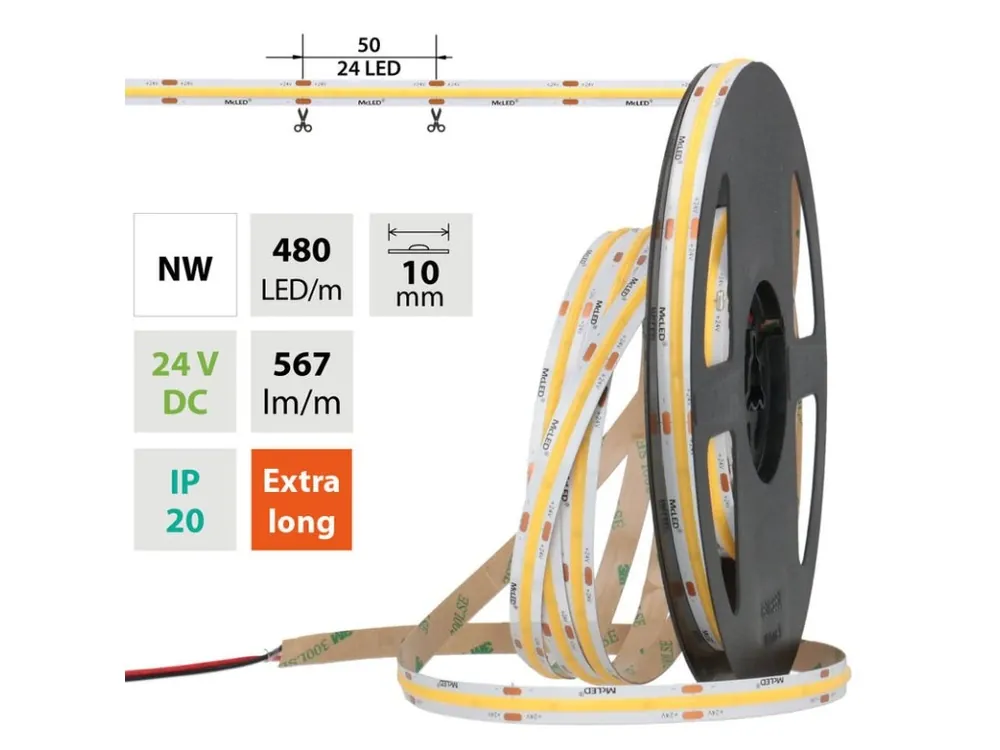 LED pásek COB NW, 480LED/m, 5W/m, DC 24V, 567lm/m, CRI90, IP20, 10mm, 5m Sezónní Sleva