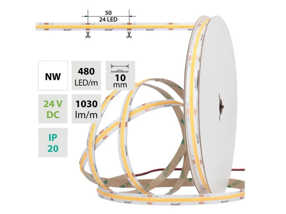 Odeslání Ihned LED pásek COB NW, 480LED/m, 10W/m, DC 24V, 1030lm/m, CRI90, IP20, 10mm, 5m