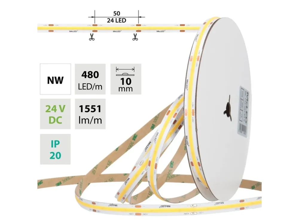 LED pásek COB NW, 480LED/m, 15W/m, DC 24V, 1551lm/m, CRI90, IP20, 10mm, 5m Cenový Hit