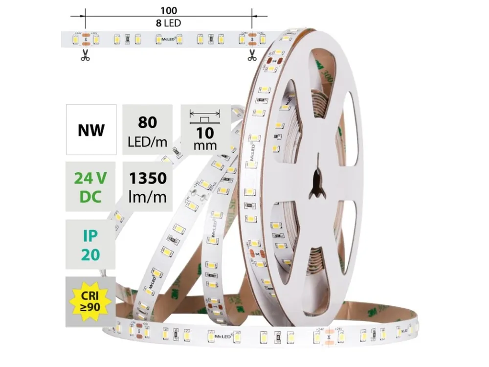 Značkový LED pásek SMD2835 NW, 80LED/m, 7,2W/m, DC 24V, 1350lm/m, CRI90, IP20, 10mm, 5m