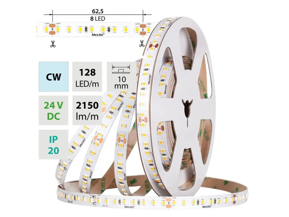 Cenová Bomba LED pásek SMD2835 CW, 128LED/m, 11,5W/m, DC 24V, 2150lm/m, CRI90, IP20, 10mm, 5m