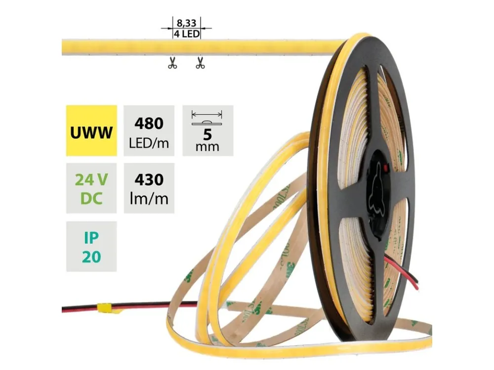 Expresní Doručení LED pásek COB UWW, 480LED/m, 6W/m, DC 24V, 430lm/m, CRI90, IP20, modul 8,33mm, 5mm, 5m