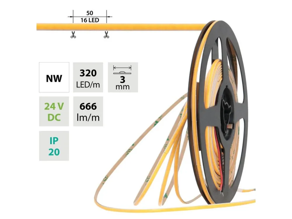 LED pásek COB NW, 320LED/m, 6W/m, DC 24V, 666lm/m, CRI90, IP20, modul 50mm, 3mm, 5m Levný