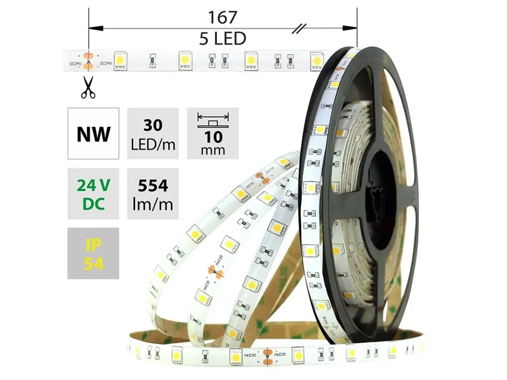 LED pásek SMD5050 NW, 30LED/m, 8,5W/m, 554lm/m, IP54, DC 24V, 10mm, 5m Finální Výprodej